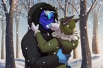 ambiguous_anthro ambiguous_gender anthro blue_body blue_fur day detailed_background duo eyes_closed forest fur outside plant snow tree sinalanf canid canine canis domestic_dog mammal 2022 digital_media_(artwork)