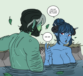 accessory arm_hair bathing beard big_breasts black_hair black_lips blue_background blue_body blue_hair blue_skin body_hair breasts convenient_censorship curved_horn dialogue duo ear_piercing ear_ring eyebrows eyelashes facial_hair female freckled_breasts freckles furgonomics gesture grass green_body green_skin grey_hair grey_highlights hair hair_bun hand_gesture highlights_(coloring) horn horn_accessory hot_spring humanoid_pointy_ears leaf lips male muscular muscular_male mustache open_mouth piercing plant pointing pointy_ears pupils rear_view red_eyes ring_piercing scar simple_background speech_bubble text water kanekuo critical_role fjord_stone jester_lavorre humanoid orc tiefling hi_res