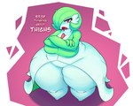 belly big_breasts breasts cleavage clothed clothing crossed_arms eyelashes female green_hair hair huge_hips huge_thighs hyper hyper_hips hyper_thighs looking_at_viewer love_handles not_furry open_mouth overweight overweight_female overweight_humanoid red_eyes solo text thick_thighs white_body wide_hips mysterydad nintendo pokemon gardevoir generation_3_pokemon humanoid pokemon_(species) 2021 english_text hi_res