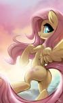 2017 butt butt_pose cloud equid equine feathered_wings feathers female fidzfox fluttershy_(mlp) flying friendship_is_magic hair hasbro hi_res looking_at_viewer mammal my_little_pony mythological_creature mythological_equine mythology outside pegasus pink_hair pose sky smile solo spread_wings wings