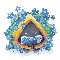 ambiguous_gender biped black_body blue_flower clenched_teeth eyes_closed feral flower happy open_mouth open_smile plant shadow smile solo standing teeth fukyo nintendo pokemon generation_3_pokemon pokemon_(species) snorunt 1:1 2026 hi_res