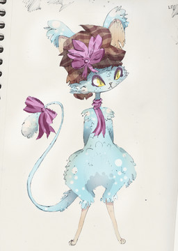 ambiguous_gender anthro blue_body blue_fur blue_tail clothing fur hat headgear headwear katzenair pink_bow purple_scarf scarf solo standing tail yellow_eyes naircat mammal mouse murid murine rodent 2014