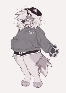 4_fingers anthro barefoot beanie black_beanie black_clothing black_hat black_headwear bottomwear bridge_piercing clothed clothed_anthro clothed_female clothing dipstick_tail ear_piercing ear_stud ears_through_headwear facial_piercing feet female female_anthro fingers fluffy fluffy_hair hair hair_over_eye hand_in_pouch hat headgear headwear hotpants logo_on_hoodie logo_on_topwear long_sleeves markings messy_hair nose_piercing nose_ring one_eye_obstructed pawpads piercing pouch_(anatomy) ring_piercing shorts simple_background solo sparkles standing sweater tail tail_markings tiptoes tongue tongue_piercing tongue_stud topwear white_background white_hair zipper zipper_topwear nextel caterpillar_incorporated wulf_(wobbybones) canid canine canis mammal wolf 2023 digital_drawing_(artwork) digital_media_(artwork) english_description nonbinary_(lore)