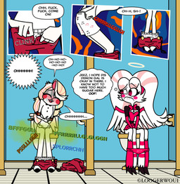 anthro bathroom blonde_hair bottomwear bottomwear_down boxers_(clothing) boxers_down clothed clothing clothing_pull duo enjoying_the_go fart fart_cloud female female/female green_fart_cloud hair panties panties_down pants pants_down partially_clothed pink_clothing pink_panties pink_underwear pooping pooping_in_toilet pooping_together profanity public_restroom pulling_down_pants restroom_stall smelly text toilet toilet_paper toilet_use unbuckled_pants unbuckling underwear underwear_down loogerwoui hazbin_hotel hellaverse charlie_morningstar molly_(hazbin_hotel) angel animal_humanoid arachnid arachnid_humanoid arthropod arthropod_humanoid demon humanoid spider spider_humanoid absurd_res comic english_text hi_res