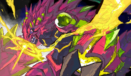 anthro claws grey_eyes horn laser male pink_body sharp_teeth solo teeth guil87645127 bandai_namco digimon digimon_beatbreak armalizamon digimon_(species) scalie hi_res