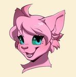 ambiguous_anthro ambiguous_gender anthro fur green_sclera hair looking_at_viewer open_mouth open_smile pink_body pink_fur pink_hair smile solo teeth tongue cherry_beries domestic_cat felid feline felis mammal 2024 digital_drawing_(artwork) digital_media_(artwork) headshot_portrait portrait