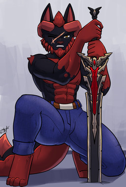 2_horns abs anthro battle_damage beard bottomwear bulge clothed clothing denim denim_bottomwear denim_clothing digitigrade eye_scar facial_hair facial_scar frown grimace hair horn jeans kneeling male melee_weapon muscular muscular_anthro muscular_male on_one_knee pants red_beard red_facial_hair red_hair scar short_hair solo sword teeth topless warrior weapon bear213 hi_res