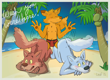anthro beach black_nose black_seam_briefs black_seam_underwear blue_body blue_fur blue_sky blue_water bongo_drum briefs briefs_only brown_nose bulge butt butt_bongos butt_slap claws clothed clothing cloud colored_seam_briefs colored_seam_underwear drum eyes_closed fur green_eyes green_grass group male male/male musical_instrument nipples nude outside palm_tree percussion_instrument plant postcard red_body red_briefs red_clothing red_fur red_underwear sand sky slap spanking tan_text teeth_showing topless topless_anthro topless_male tree trio tropical underwear underwear_only yellow_sclera leafdubois canid canine fox mammal 2025