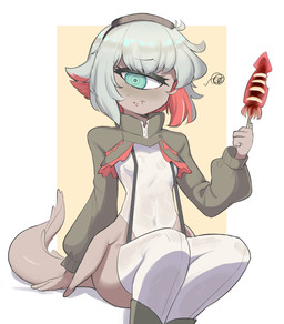 5_fingers breasts butt clothing female fingers green_eyes grey_hair hair legwear looking_at_viewer multicolored_hair navel red_hair simple_background sitting small_breasts solo tail thigh_highs two_tone_hair white_clothing white_legwear white_thigh_highs sifserf aquatic cephalopod coleoid cyclops decapodiform mollusk squid 2024 hi_res
