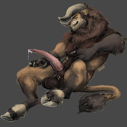 animal_genitalia anthro balls bodily_fluids brown_balls brown_body brown_fur brown_mane dripping ear_piercing ear_ring facial_piercing fangs fur furgonomic_piercing furgonomics genital_fluids genital_piercing genitals grey_background hooves horn horn_piercing looking_at_viewer male male_anthro mane medial_ringed_tapering_penis multicolored_body multicolored_fur muscular muscular_anthro nipples nose_piercing nose_ring penis piercing precum precum_drip ring_piercing septum_piercing septum_ring sheath sheath_piercing simple_background sitting solo tail tail_tuft tapering_penis teeth tuft unguligrade i-psilone bovid bovine cattle felid hybrid lion mammal pantherine 1:1 hi_res