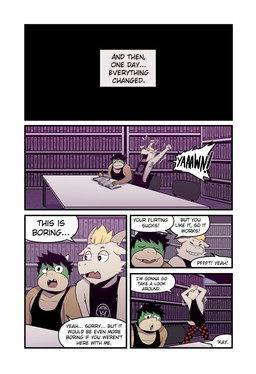 2_horns 5_panel_comic anthro armpit_hair black_clothing black_hair black_shirt black_topwear blonde_hair body_hair book bookshelf bored bottomwear chair checkered checkered_bottomwear checkered_clothing clothed clothing dialogue duo eyes_closed fur furniture green_body hair horn inner_monologue inside library male open_mouth pants pattern_bottomwear pattern_clothing reading reading_book shirt sitting speech_bubble stretching_arms table tail tan_body tan_fur tank_top text text_box thinking topwear yawn yellow_body t0l0k mario_bros nintendo azz_(t0l0k) bowen_(t0l0k) bovid caprine dragon_koopa goat koopa mammal scalie comic english_text hi_res multiple_scenes
