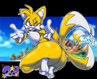 2_tails anthro big_butt blep blue_eyes blurred_background bottom_heavy butt butt_pose chest_tuft clothing dipstick_tail feet femboy flying fur glistening_eyelids gloves gloves_only handwear handwear_only logo looking_at_viewer looking_back looking_back_at_viewer male markings mostly_nude multi_tail multicolored_body multicolored_fur nude one_eye_closed pear-shaped_figure pose rear_view soles solo tail tail_markings thick_thighs tongue tongue_out tuft two_tone_body two_tone_fur white_body white_fur wide_hips wink winking_at_viewer yellow_body yellow_fur 2xdxart sega sonic_the_hedgehog_(series) miles_prower canid canine fox mammal 2026 artist_logo full-length_portrait hi_res letterbox portrait