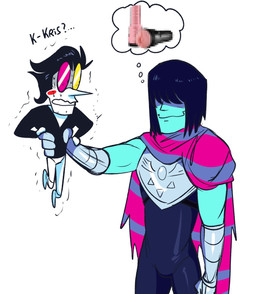 anthro armor biped black_hair blue_body bodily_fluids clothed clothing dialogue duo eyewear fingers glasses hair larger_human male penetrable_sex_toy question_mark red_cheeks sex_toy size_difference sweat teeth text white_body mawile123 deltarune undertale_(series) kris_dreemurr spamton_g._spamton darkner human mammal hi_res