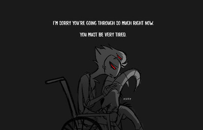 anthro bodily_fluids crying dialogue duo frown grey_background hair horn looking_down male red_eyes sad short_hair simple_background sitting tears text vehicle wheelchair white_text teathekook hellaverse helluva_boss blitzo_(helluva_boss) stolas_(helluva_boss) avian bird imp owl owl_demon hi_res