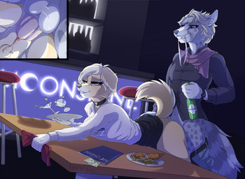 alcohol anthro balls bar beer bent_over beverage bite biting_lip biting_own_lip blonde_hair bottomwear bottomwear_down butt choker clitoris clock clothed clothed_sex clothing denim denim_bottomwear denim_clothing duo erection eyelashes female female_penetrated food fries from_behind_position fur furniture genitals glass green_eyes grey_body grey_fur grin hair half-closed_eyes hand_on_butt heart_symbol humanoid_genitalia humanoid_penis interspecies jeans jewelry looking_up male male/female male_penetrating male_penetrating_female money narrowed_eyes necklace on_table panties pants pants_down partially_clothed penetration penile penile_penetration penis penis_in_vagina pubes purple_eyes scarf self_bite sex shirt skirt smile standing table text topwear underwear upskirt_sex vaginal vaginal_penetration vulva waiter watch yellow_body yellow_fur acinothecheetah neboone baltika_(beer) matilda_(neboone) virgil_(acinothecheetah) bird_dog canid canine canis domestic_dog genet golden_retriever hunting_dog mammal retriever viverrid 2018 digital_media_(artwork) english_text