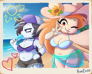 anthro beach bikini black_hair blonde_hair bottomwear breasts clothing duo eating_ice_cream female hair hat headgear headwear heart_symbol navel one_eye_closed outside purple_eyes sand selfie shorts slightly_chubby smile swimwear tail tongue tongue_out two-piece_swimsuit water kunesco rain_(kunesco) chinchilla chinchillid lagomorph leporid mammal rabbit rodent 2026 digital_media_(artwork)