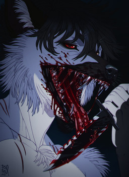 anthro arm_tuft black_hair blood blood_in_mouth blood_string bodily_fluids cheek_tuft facial_tuft fur glistening glistening_eyes gore hair holding_knife holding_object knife looking_at_viewer male male_anthro narrowed_eyes red_eyes saliva saliva_string sharp_teeth shoulder_tuft solo teeth tuft white_body white_fur riorix canid canine mammal 2024 dated hi_res