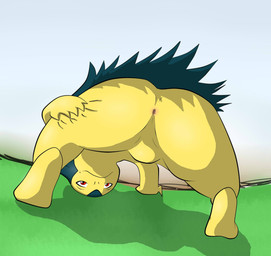all_fours ambiguous_gender anthro anus anus_only big_butt blue_body blue_fur butt butt_focus featureless_crotch fur hand_on_butt looking_at_viewer looking_through looking_through_legs looking_through_legs_at_viewer multicolored_body multicolored_fur presenting presenting_hindquarters red_eyes semi-anthro smile solo two_tone_body two_tone_fur yellow_body yellow_fur macro710 thatweirdguy nintendo pokemon generation_2_pokemon pokemon_(species) typhlosion absurd_res digital_media_(artwork) hi_res