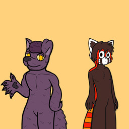 anthro black_eyes black_nails brown_body brown_fur brown_hair brown_inner_ear cameo chest_tuft colored_nails duo expressionless fur goo_transformation hair hand_on_hip male melting nails open_hand pawpads purple_body purple_hair purple_pawpads red_body red_fur red_tail slime smile standing tail transformation tuft white_ears white_mouth white_nails yellow_eyes yellow_sclera yellow_tail omni-vee real_world pooka_(pookashifts) ailurid ailurid_humanoid animal_humanoid canid goo_creature humanoid mammal mammal_humanoid red_panda red_panda_humanoid 1:1 2026 comic concept_art digital_drawing_(artwork) digital_media_(artwork) hi_res