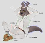 anthro belt blazer boots brown_body brown_fur clothed clothing footwear fur looking_at_viewer male nervous_smile scales shirt shoes socks solo text topwear yellow_body yellow_scales nosugarnohoney dreamworks the_bad_guys mr._wolf_(the_bad_guys) canid canine canis mammal wolf 2024 hi_res korean_text