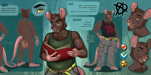5_fingers anthro bare_shoulders barefoot beard belly belt belt_buckle big_ears body_hair book bottomwear brown_body brown_fur brown_hair buckle butt cargo_pants chest_fur chest_hair chest_tuft claws clothed clothing crotch_tuft eyewear facial_hair feet fingers front_view fur furless_tail glasses goatee green_eyes hair looking_at_viewer male navel notched_ear one_eye_closed overweight overweight_male pants pink_nose reading reading_book rear_view shirt shoulder_blades slightly_chubby smile solo standing tail tail_base_tuft tank_top teeth teeth_showing text text_box toe_claws toes topwear tuft wearing_glasses whiskers wink winking_at_viewer ariagoldberry magnus_halvorsen brown_rat mammal murid murine rat rodent 2025 absurd_res digital_drawing_(artwork) digital_media_(artwork) english_text hi_res model_sheet
