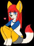 :3 amber_fur anthro bangs biped black_nose blue_eyes bottomwear breasts clothing dipstick_tail female grey_bottomwear grey_clothing grey_shorts hair heart_symbol hime_cut looking_at_viewer markings multicolored_tail red_hair red_markings shirt shorts simple_background sitting small_breasts solo tail tail_markings topwear transparent_background two_tone_tail white_clothing white_shirt white_topwear collieh domestic_cat felid feline felis mammal alpha_channel full-length_portrait portrait