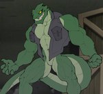 abs anthro biceps clothing jacket male muscular muscular_anthro muscular_male muscular_thighs pecs sharp_teeth solo teeth topwear yellow_eyes deuzion batman_(series) dc_comics killer_croc crocodilian crocodylid reptile scalie absurd_res hi_res