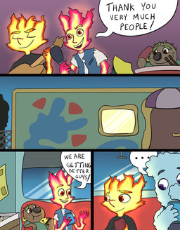 acoustic_guitar beverage_can clothing dialogue drum electronics food guitar male microphone musical_instrument musician percussion_instrument pizza plucked_string_instrument singer smile string_instrument text topwear trailer_(vehicle) vest wolfmarian disney elemental_(pixar) pixar elemental_creature elemental_humanoid humanoid comic english_text hi_res