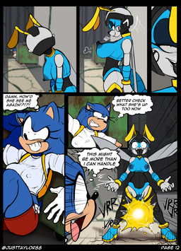 anthro areola backpack blotchy_areola bodily_fluids bottomwear breasts city clothing crop_top crossgender dialogue female genitals gloves handwear machine motion_lines mtf_crossgender nipple_outline nipples outside plump_labia shirt shorts speech_bubble sweat sweatdrop text tongue tongue_out topwear vulva justtaylor sega sonic_the_hedgehog_(series) lilith_(blitscreet) sonic_the_hedgehog badnik buzzbomber eulipotyphlan hedgehog mammal absurd_res comic english_text hi_res