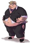 anthro belly big_belly blonde_hair bow_tie button_(fastener) clothed clothing fingers hair hand_on_belly hooved_fingers hooves implied_transformation male markings moobs mottled mottled_body mottled_skin navel obese obese_anthro obese_male overweight overweight_anthro overweight_male piebald piebald_body piebald_skin simple_background solo spots spotted_body spotted_skin standing straining_buttons suit thick_thighs torn_clothing weight_gain white_background daef domestic_pig mammal suid suine sus_(pig)