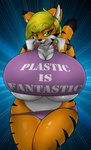 anthro big_breasts blonde_hair breast_implants breasts clothing female hair huge_breasts panties round_breasts solo underwear tabykat tabytha_starling felid mammal pantherine tiger absurd_res hi_res