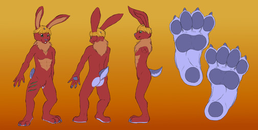 4_toes 5_fingers anthro biped blonde_hair blue_body blue_claws blue_pawpads buckteeth butt chest_tuft claws feet fingers foot_focus front_view fur gradient_background green_eyes hair hindpaw long_ears male multicolored_body multicolored_fur neck_tuft nude open_mouth pawpads paws plantigrade purple_body purple_pawpads red_body red_fur short_tail side_view simple_background smile soles solo standing tail tan_body tan_fur teeth toe_claws toes tuft dream_and_nightmare kitsune_nyx cirez hare lagomorph leporid mammal rabbit digital_media_(artwork) model_sheet