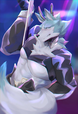 abs anthro blush bow_tie embarrassed fake_ears fake_rabbit_ears fluffy fluffy_tail fur male money muscular muscular_anthro muscular_male neck_tuft pecs pole solo stripper tail text tuft white_body white_fur cgu0906 brand_new_animal studio_trigger shirou_ogami canid canine canis mammal wolf absurd_res hi_res japanese_text translation_request
