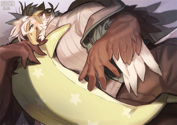 anthro beak blonde_hair blush bottomwear brown_body clothing eyebrows feathers hair jacket male pants plushie smile solo sweater thick_eyebrows topwear yellow_beak 1boshi lifewonders tokyo_afterschool_summoners thunderbird_(tas) accipitrid accipitriform avian bird eagle digital_media_(artwork) painting_(artwork)