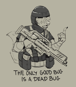 anthro armor armor_plates clothing gun hair hair_over_eyes headgear helmet hidden_eyes holding_gun holding_object holding_ranged_weapon holding_rifle holding_weapon male military military_clothing military_helmet military_jacket military_uniform morita_(rifle) open_mouth raised_finger ranged_weapon rifle solo strong_fat tail teeth teeth_showing text uniform weapon wearing_helmet mawkvlt starship_troopers trofim_wolverine_(mawkvlt) gulonine mammal mustelid musteline wolverine hi_res