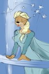 anthro blep blonde_hair blue_clothing blue_dress braided_hair breasts clothing dress female hair looking_at_viewer railing smile smiling_at_viewer snow solo tongue tongue_out wind pandottermon disney frozen_(disney) elsa_(frozen) mammal mustelid otter 2014 2:3