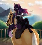 anthro breasts butt clothing duo_focus female feral group legwear mountain raider sea stockings veranda water narikusha ivy_(nixy-neon) canid canine canis equid equine horse mammal wolf digital_media_(artwork) hi_res