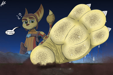 anthro barefoot city_crushing crushed_micros dirty dirty_feet feet foot_crush foot_fetish foot_focus fur giga landscape_dwarfing macro male plantigrade size_difference soles solo stomping tail text toes az12lol ratchet_and_clank sony_corporation sony_interactive_entertainment ratchet_(ratchet_and_clank) humanoid lombax mammal 3:2 absurd_res digital_media_(artwork) english_text hi_res