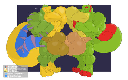 abs anthro balls_outline big_bulge big_muscles big_pecs big_tail biped bulge bulge_frottage clothed clothing detailed_bulge duo genital_outline huge_bulge huge_muscles huge_pecs hyper hyper_bulge hyper_muscles male male_anthro muscular muscular_arms muscular_legs muscular_male navel nipples pecs pecs_touching pressing_pecs_together smug smug_face smug_grin tail thick_neck thick_tail underwear underwear_only conditional_dnp dischimera gex_(series) playtonic_games yooka-laylee gex_the_gecko yooka chameleon gecko lizard reptile scalie hi_res