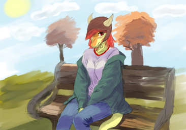 anthro armor bench blush bottomwear breasts clothed clothed_anthro clothed_female clothing cloud day denim denim_bottomwear denim_clothing female front_view grass green_clothing green_jacket green_topwear hair hair_over_eye hands_in_lap headgear helmet jacket jeans medium_breasts non-mammal_breasts open_clothing open_jacket open_topwear orange_body orange_scales outside pants plant red_eyes red_hair scales shirt shy sitting sky solo sun tail topwear tree white_clothing white_shirt white_topwear yellow_body yellow_scales ryangoslinghorny cavemanon_studios puppet_pals snoot_game fan_character schizo_chan_(snoot_game) compsognathid compsognathus dinosaur prehistoric_species reptile saurischian scalie theropod colored digital_media_(artwork) guide_lines hi_res shaded