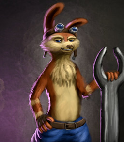 anthro belt belt_buckle blue_bottomwear blue_clothing blue_eyes blue_pants bottomwear buckle clenched_teeth clothed clothing eyewear eyewear_on_head fangs fur goggles goggles_on_head half-closed_eyes hand_on_hip looking_at_viewer male narrowed_eyes pants pose smile smiling_at_viewer solo standing teeth tools topless wrench ian-exe jak_and_daxter naughty_dog sony_corporation sony_interactive_entertainment daxter mammal mustelid ottsel 2022 half-length_portrait hi_res portrait