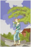 anthro areola asian_clothing blue_clothing border breasts building clothed clothing cloud detailed_background east_asian_clothing female footwear fur gesture geta grey_border horn japanese_clothing kimono looking_at_viewer medium_breasts nipples one_breast_out plantigrade raised_heel scenery seductive sky smile smiling_at_viewer solo tail waving waving_at_viewer krowbutt animal_crossing nintendo shino_(animal_crossing) cervine deer mammal 2:3 digital_media_(artwork) hi_res