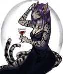 alcohol anthro beverage classy clothing collar dress female glass holding_glass holding_object jewelry lace multi_tail necklace solo tail wine mab wisprr felid mammal