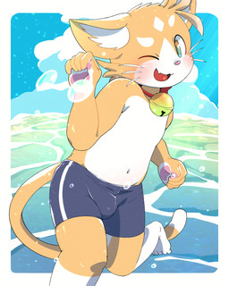 anthro beach bell bell_collar blush bottomwear boxers_(clothing) bulge clothing collar fur green_eyes male navel one_eye_closed orange_body orange_fur shorts solo swimwear underwear wink young young_anthro young_male kemoizumi anothereidos_of_dragon_vein_r charlotte_(anothereidos_r) domestic_cat felid feline felis mammal 4:5 hi_res