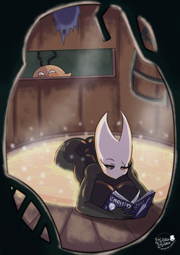 2_horns ambiguous_gender antennae_(anatomy) anthro being_watched bent_over big_breasts big_butt biped black_eyes blush book breasts brown_body brown_fur butt duo empty_eyes eyebrows eyelashes female fur hand_on_cheek holding_book holding_object horn logo looking_at_another non-mammal_breasts nude nude_anthro nude_female partially_submerged reading reading_book text voyeur water weapon white_eyes white_text miztermizter hollow_knight:_silksong hollow_knight_(franchise) team_cherry hornet_(hollow_knight) kratt_(hollow_knight:_silksong) arthropod flea_(hollow_knight:_silksong) 2026 absurd_res artist_logo artist_name english_text hi_res