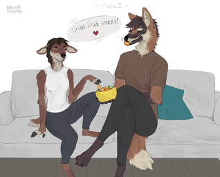 anthro black_bottomwear black_clothing black_nose black_pants bottomwear brown_arms brown_body brown_clothing brown_fur brown_hair brown_tail brown_topwear clothing dialogue duo ear_piercing eating eating_food female female_anthro food food_in_mouth fruit fur furniture hair happy holding_food holding_object male male/female multicolored_body multicolored_fur on_sofa package page_number pants piercing plant romantic romantic_couple scut_tail shirt short_tail sitting sitting_on_sofa smile snack sofa speech_bubble sweatshirt t-shirt tail topwear undershirt white_clothing white_topwear white_undershirt drunkmagpie canid canine deer mammal maned_wolf hi_res