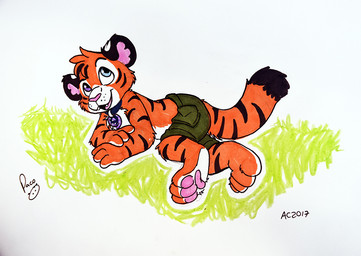 anthro blue_eyes fur glistening glistening_eyes head_tuft heterochromia logo male markings open_mouth open_smile pawpads pink_nose pink_pawpads purple_eyes simple_background smile solo striped_arms striped_body striped_fur striped_legs striped_markings striped_tail stripes tail tail_markings tuft white_background young young_anthro young_male pandapaco felid mammal pantherine tiger 2017 artist_logo dated signature