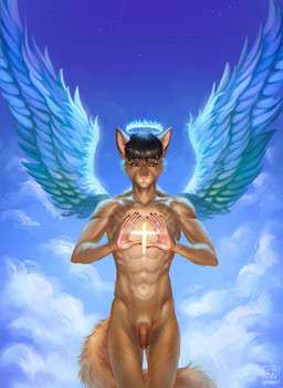 abs anthro athletic athletic_anthro biceps black_hair cloud cross detailed_fur feathered_wings feathers fire fluffy fluffy_tail fur genitals glowing hair halo humanoid_genitalia humanoid_penis looking_at_viewer male muscular muscular_anthro muscular_male nude orange_body orange_fur penis simple_background sky solo star tail wings kaneda_chan angel deity mammal rodent sciurid tree_squirrel detailed hi_res portrait