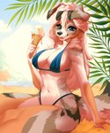 anthro beach bikini black_nose blue_eyes clothed clothing dessert detailed_food eyewear female food fur glasses hair ice_cream multicolored_body multicolored_fur open_mouth plant sand sea seaside skimpy solo sunglasses swimwear tropical two-piece_swimsuit water white_hair varollis senip australian_shepherd canid canine canis domestic_dog herding_dog mammal pastoral_dog sheepdog 2021 5:6 absurd_res detailed hi_res