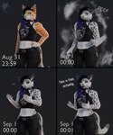 3_eyes anthro black_collar black_hair black_sclera bottomwear clothed clothed_anthro clothed_female clothing collar denim denim_bottomwear denim_clothing ear_piercing ear_ring eyebrow_piercing eyewear facial_piercing female fur furgonomics furry-specific_piercing glasses green_eyes grey_body grey_fur hair hand_on_hip highlights_(coloring) jeans looking_at_viewer markings multi_eye multicolored_body multicolored_fur multicolored_hair muzzle_piercing nose_piercing nose_ring orange_body orange_fur pants piercing purple_highlights ring_piercing septum_piercing septum_ring solo species_transformation spots spotted_body spotted_fur striped_body striped_fur stripes tail text topwear transformation two_tone_body two_tone_fur two_tone_hair wearing_glasses whiskers white_body white_fur rinny sneptember rinny_(character) demon felid mammal pantherine snow_leopard tiger 2024 english_text hi_res trans_(lore) trans_woman_(lore)